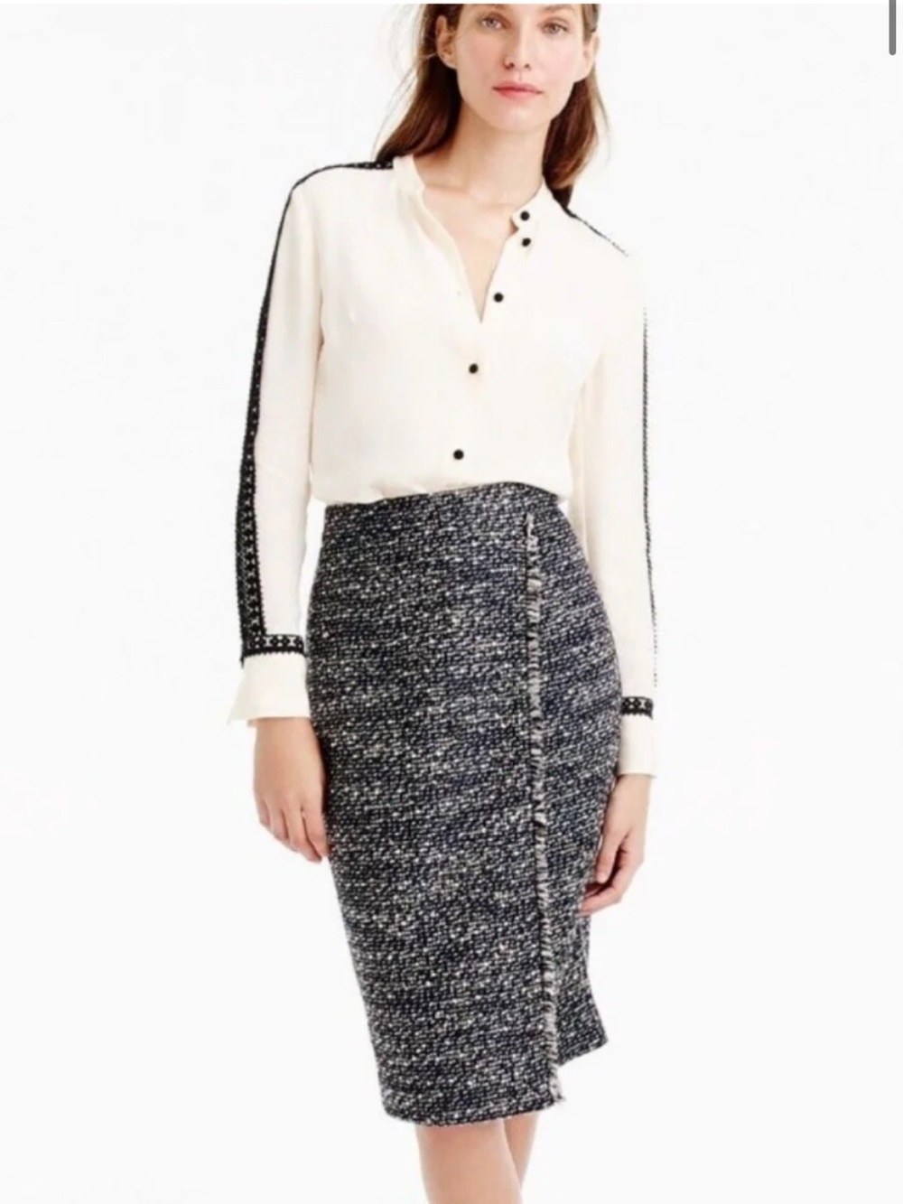 J.Crew Size 6 Faux Wrap Pencil Skirt Metallic Tweed Fringe Trim Navy Blue